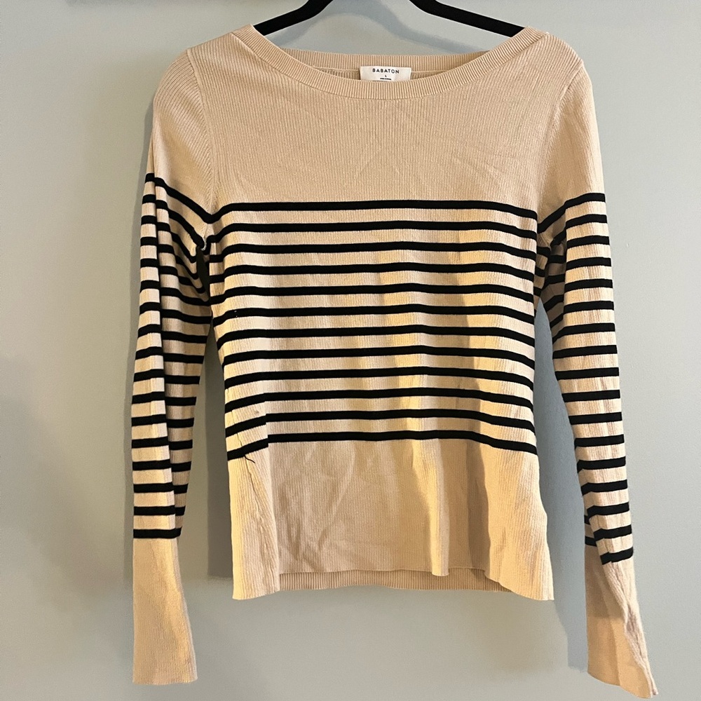 Babaton Cream and Black Striped Boatneck Long Sleeve Top